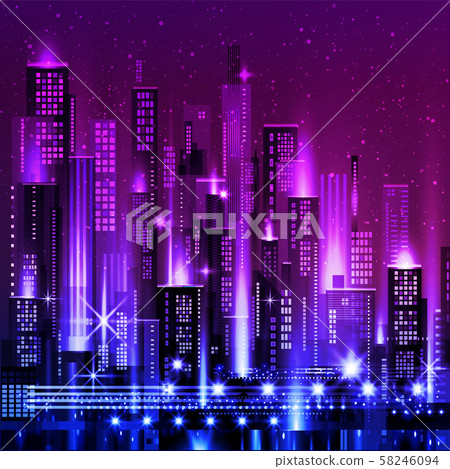 Vector night city illustration with neon glow and - Stock Illustration ...