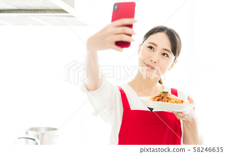 Female, selfie, food 58246635
