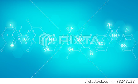 Abstract chemistry pattern on green background with chemical formulas and molecular structures Abstract chemistry pattern on green background with chemical formulas and molecular structures 58248138