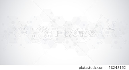 Abstract chemistry pattern on soft gray background with chemical formulas and molecular structures Abstract chemistry pattern on soft gray background with chemical formulas and molecular structures 58248162