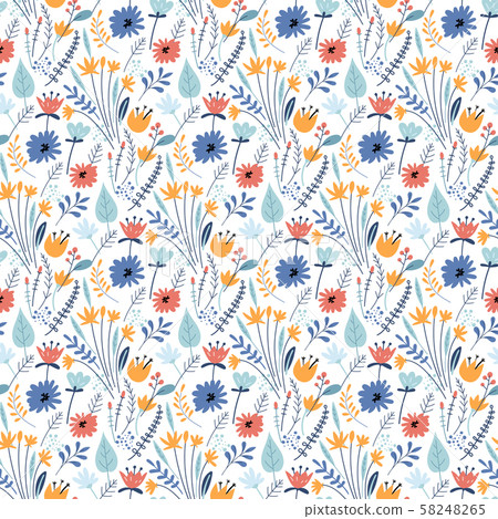 Seamless floral pattern with bright colorful flowers and tropic leaves on a white background. The 58248265