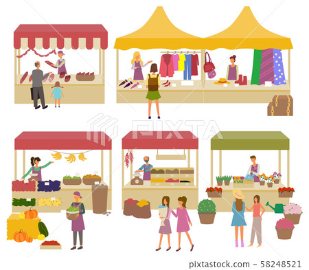 Marketplace Butchers and Clothes Shopping Vector 58248521