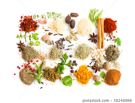 Chimichurri sauce basic ingredients, view from above, flat lay Chimichurri sauce basic ingredients, view from above, flat lay 58248866
