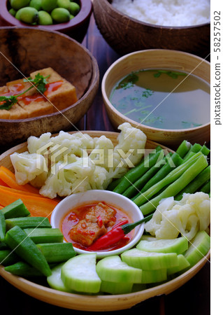 tray food for vegan, boiled vegetables, tofu tomato sauce, rice tray food for vegan, boiled vegetables, tofu tomato sauce, rice 58257502