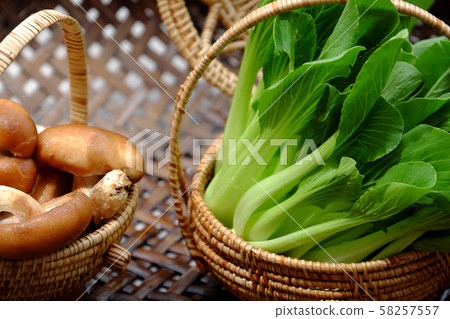Raw materials vegans, fresh green bok choy and mushroom Raw materials vegans, fresh green bok choy and mushroom 58257557