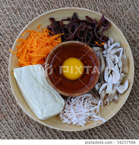 raw materials for vegetarian dish from mushroom, tofu, carrot raw materials for vegetarian dish from mushroom, tofu, carrot 58257566