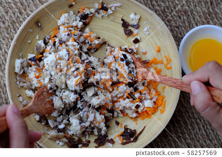 raw materials for vegetarian dish from mushroom, tofu, carrot 58257569