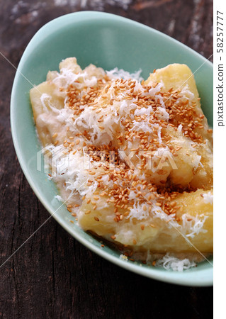 close up cassava steaming with coconut milk, sesame close up cassava steaming with coconut milk, sesame 58257777