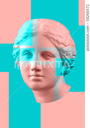 Contemporary art concept collage with antique statue head in a surreal style. Modern unusual art. 58260572