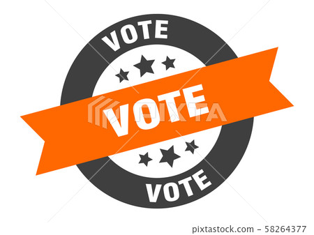 vote sign. vote orange-black round ribbon sticker vote sign. vote orange-black round ribbon sticker 58264377