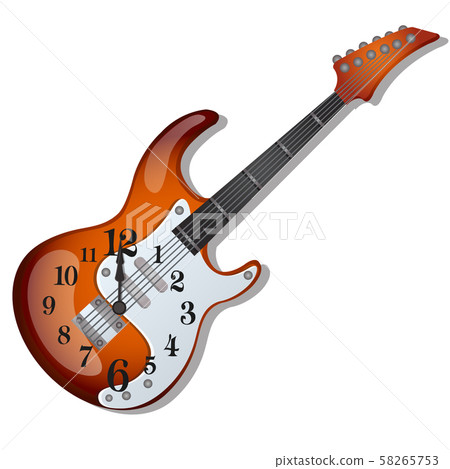Wall clock with a design of an electric guitar isolated on white background. Sketch of festive Wall clock with a design of an electric guitar isolated on white background. Sketch of festive 58265753