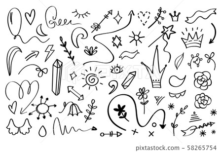 Doodle elements. Crowns arrows stars and flowers sketch design template. Vector hand drawn 58265754