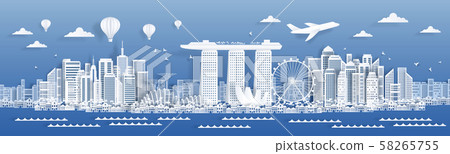 Paper cut Singapore. Famous landmarks and buildings of Singapore, poster card design template in 58265755