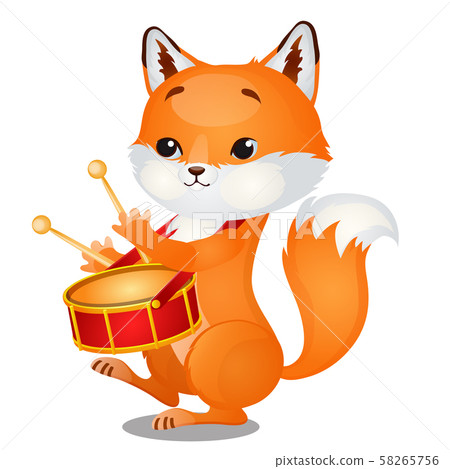 Small wild forest animal play on musical instrument. Fox with pioneer drum isolated on white Small wild forest animal play on musical instrument. Fox with pioneer drum isolated on white 58265756