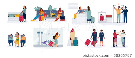 Travelers and tourists. Men and women in airport at check-in, sitting in airplane waiting hall and 58265797