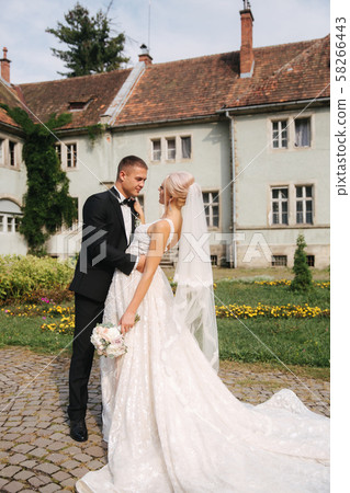 Stylish wedding couple in the park by the castle. Gorgeous bride with her handsome husband Stylish wedding couple in the park by the castle. Gorgeous bride with her handsome husband 58266443