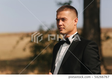 Handsome groomm dressed a tie bow. Wedding day. Man outside. Young man smile Handsome groomm dressed a tie bow. Wedding day. Man outside. Young man smile 58266767