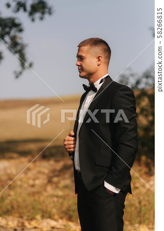 Handsome groomm dressed a tie bow. Wedding day. Man outside. Young man smile Handsome groomm dressed a tie bow. Wedding day. Man outside. Young man smile 58266815