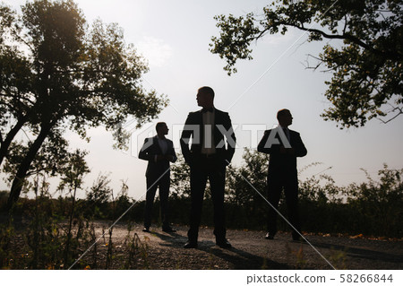 Silhouette of tree man in suit outside Silhouette of tree man in suit outside 58266844