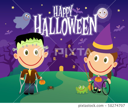Boy with crutches and wheelchair girl dressed as Boy with crutches and wheelchair girl dressed as 58274707
