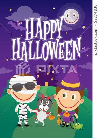 Blind boy and wheelchair girl dressed as mummy and Blind boy and wheelchair girl dressed as mummy and 58274836