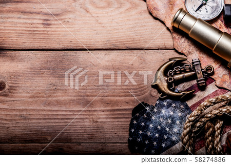 Columbus Day. Pirates and treasure with worldmap 58274886