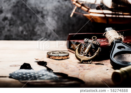 Columbus Day. Pirates and treasure with worldmap Columbus Day. Pirates and treasure with worldmap 58274888