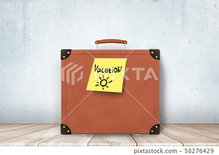 3d rendering of brown retro suitcase with yellow Vacation sign on wooden floor and white wall 58276429