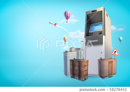 Gigantic ATM rising amid high-rise buildings on blue background with copy space. 58276431