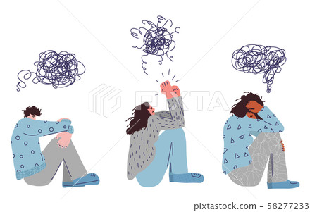Mental disoder. Young people sitting on the floor. Mental disoder. Young people sitting on the floor. 58277233