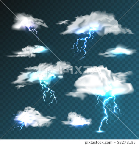 Realistic clouds with lightning set on transparent background. Thunderstorm and lightning bolt Realistic clouds with lightning set on transparent background. Thunderstorm and lightning bolt 58278183