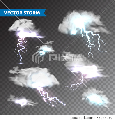 Realistic clouds with lightning set on... - Stock Illustration ...