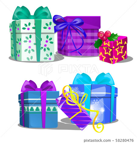 Set of gift boxes with ribbon bow, colorful wrapped paper, isolated on white background. Sketch for Set of gift boxes with ribbon bow, colorful wrapped paper, isolated on white background. Sketch for 58280476