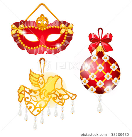 Sketch with Christmas tree decorations different forms isolated on white background. Colorful Sketch with Christmas tree decorations different forms isolated on white background. Colorful 58280480
