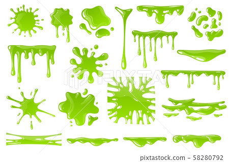 Green cartoon slime. Goo blob splashes, sticky dripping mucus. Slimy drops, messy borders for 58280792
