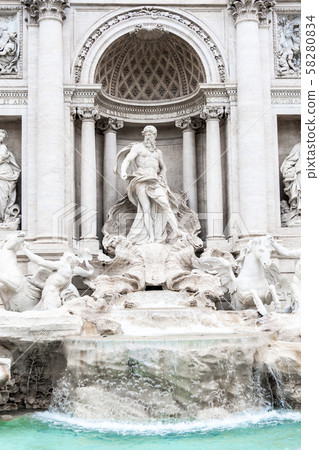 Trevi Fountain, Italian: Fontana di Trevi. Detailed view o central part with statue of Oceanus. Rome Trevi Fountain, Italian: Fontana di Trevi. Detailed view o central part with statue of Oceanus. Rome 58280834