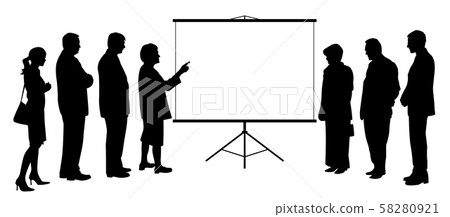 Woman coach leader presentation on projection screen to people group Woman coach leader presentation on projection screen to people group 58280921