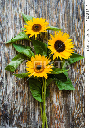 Autumn background with a bouquet of yellow sunflowers on vintage textured wooden table. 58281243