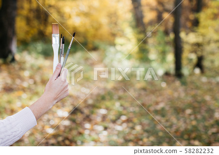A young girl sketching near a lake in the autumn forest. A young girl sketching near a lake in the autumn forest. 58282232