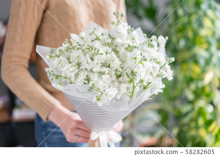 Spring floral. Fresh A bouquet of white Mattioli close up. Womens or Mothers Day Theme. Fresh cut 58282605