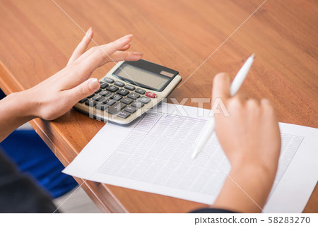 Business woman with calculator and diagrams 58283270
