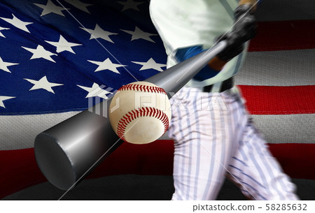 Baseball player hitting ball with American flag 58285632