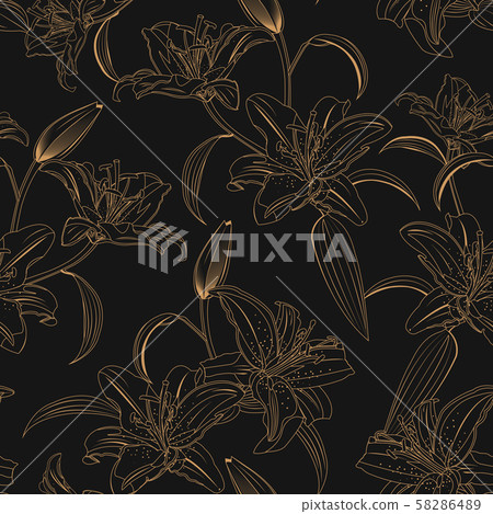 Lily flower seamless pattern on black background, - Stock Illustration ...