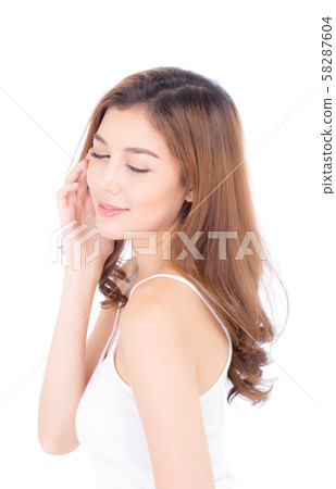 Portrait of beautiful woman asian makeup of cosmetic, girl hand touch cheek and smile attractive Portrait of beautiful woman asian makeup of cosmetic, girl hand touch cheek and smile attractive 58287604