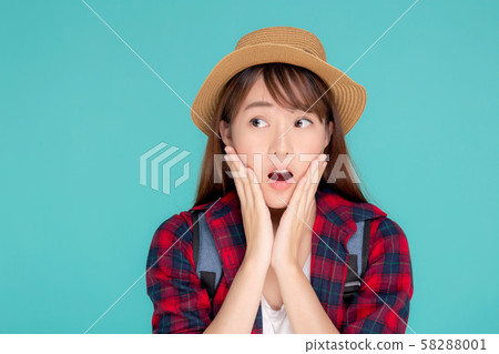 Beautiful portrait young asian woman smiling and surprise wearing travel summer fashion tourist 58288001