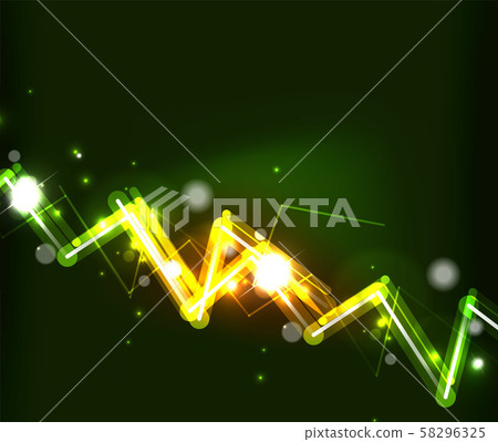 Neon zig zag lines, glowing spark trail tracing effect on black background. Neon glitters 58296325