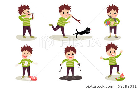 Set Of Vector Illustrations With Six Boys Of Destructive Behaviour Cartoon Characters Set Of Vector Illustrations With Six Boys Of Destructive Behaviour Cartoon Characters 58298081