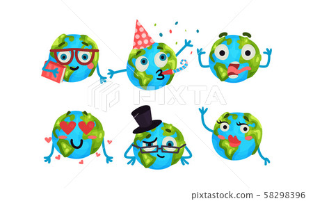 Set Of Cute Cartoon Earth Globe With Different Emotions Vector Illustrations 58298396