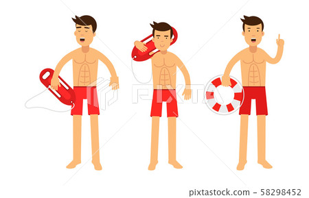 Three Young Handsome Men Baywatchers At Their Job Set Of Vector Illustrations 58298452