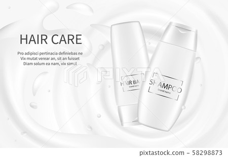 Hair cosmetics banner. Shampoo advertising poster. Vector cream balm lotion with milk splash 58298873
